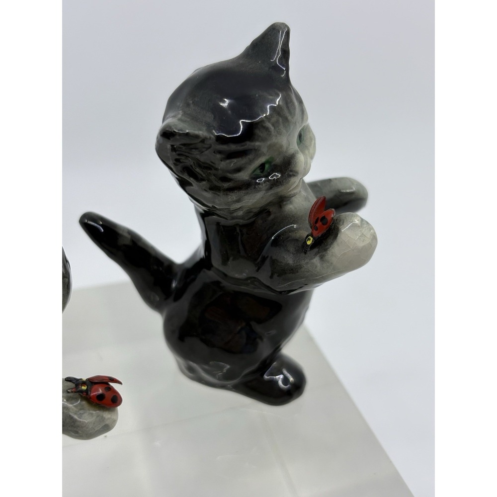 Vintage Goebel Grey Kitten Cat with Lady Bug Figurine Set Of 2 - Picture 4 of 6